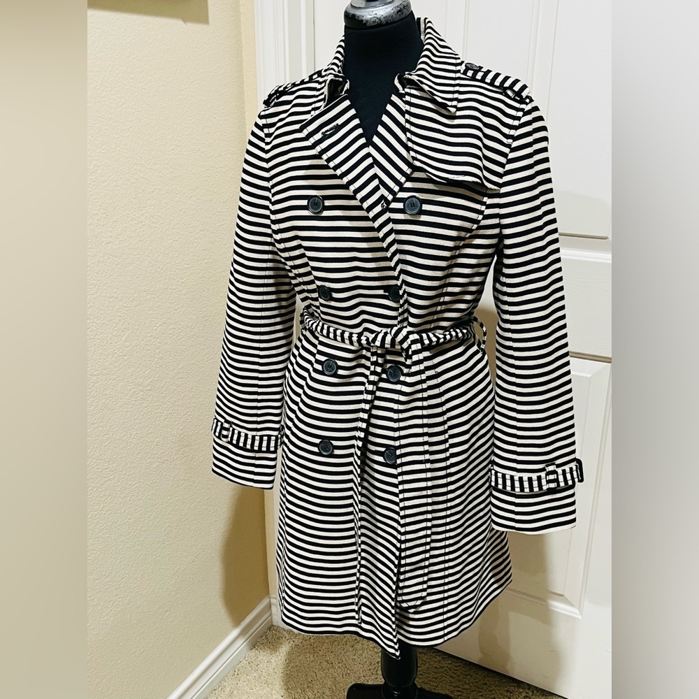 LOFT Striped Black & CREAM Double-Breasted Trench Coat WOMEN SIZE M